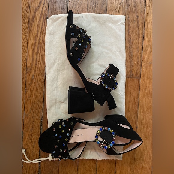 Jcrew black suede block heels, rhinestone details, dust bag - Picture 6 of 6